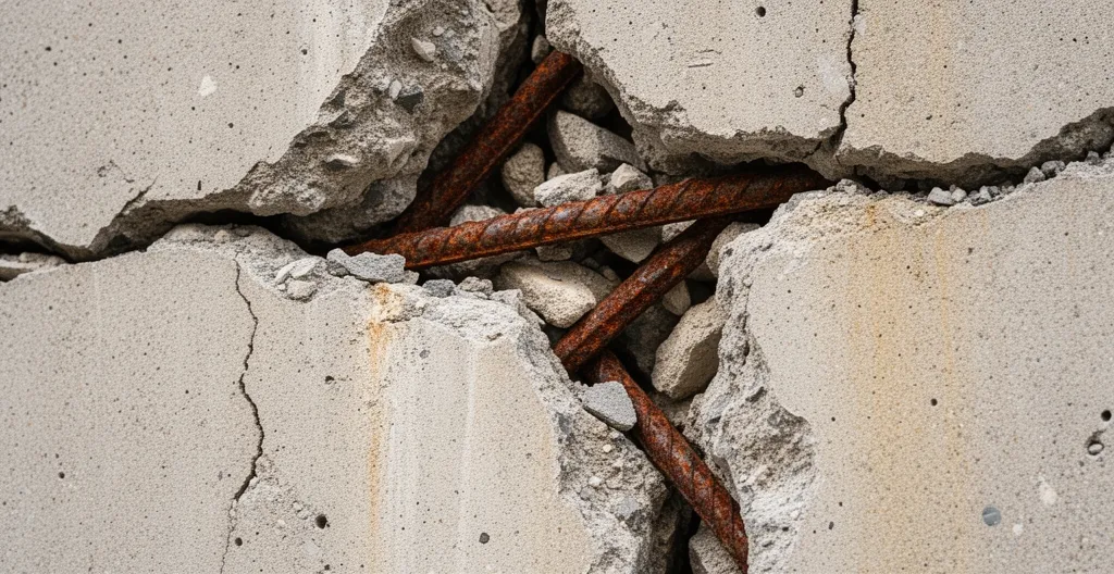 Surface béton armé avec armatures tordues et endommagées après démolition percussive