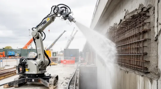Robot d'hydrodémolition projetant un jet haute pression sur une paroi béton armé avec armatures visibles