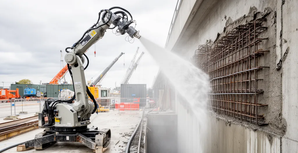 Robot d'hydrodémolition projetant un jet haute pression sur une paroi béton armé avec armatures visibles